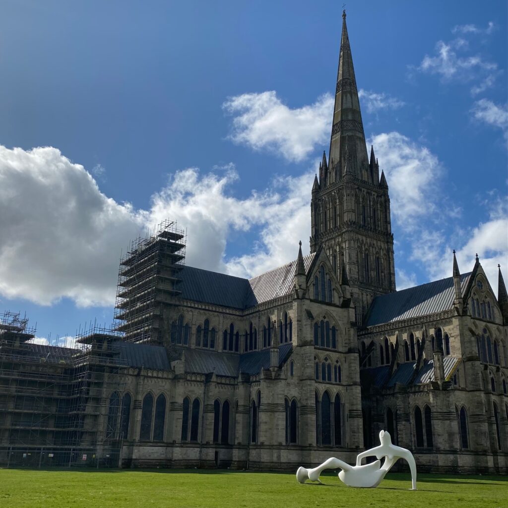 Spirit & Endeavour exhibition Henry Moore sculpture of reclining women in Salisbury Cathedral Close