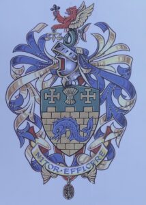 Sir Christopher Benson's shield when he became High sheriff of Wiltshire. the motto is 'Strive to achieve' and the shield contains symbols reflecting his life together with Jo