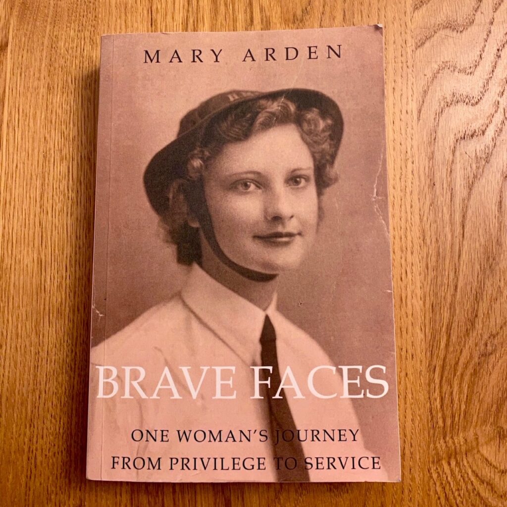 Front cover of the paperback copy of Eve's book Brave Faces showing a photo of her during WW2 war