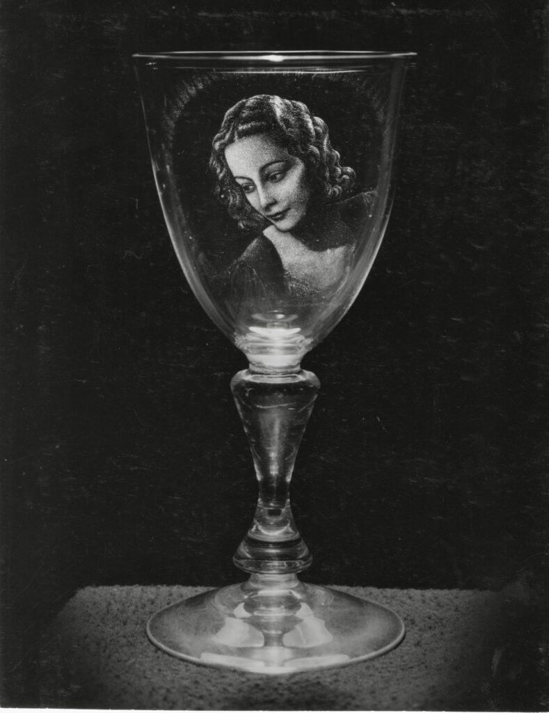 Portrait of Jill engraved on a wine glass by Laurence Whistler 1958