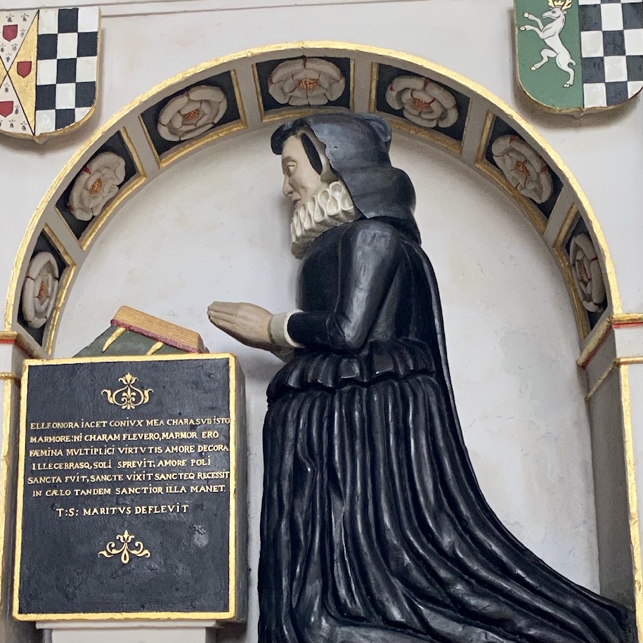 Memorial to Elihonor Sadler in Salisbury Cathedral. showing her kneeling at prayer