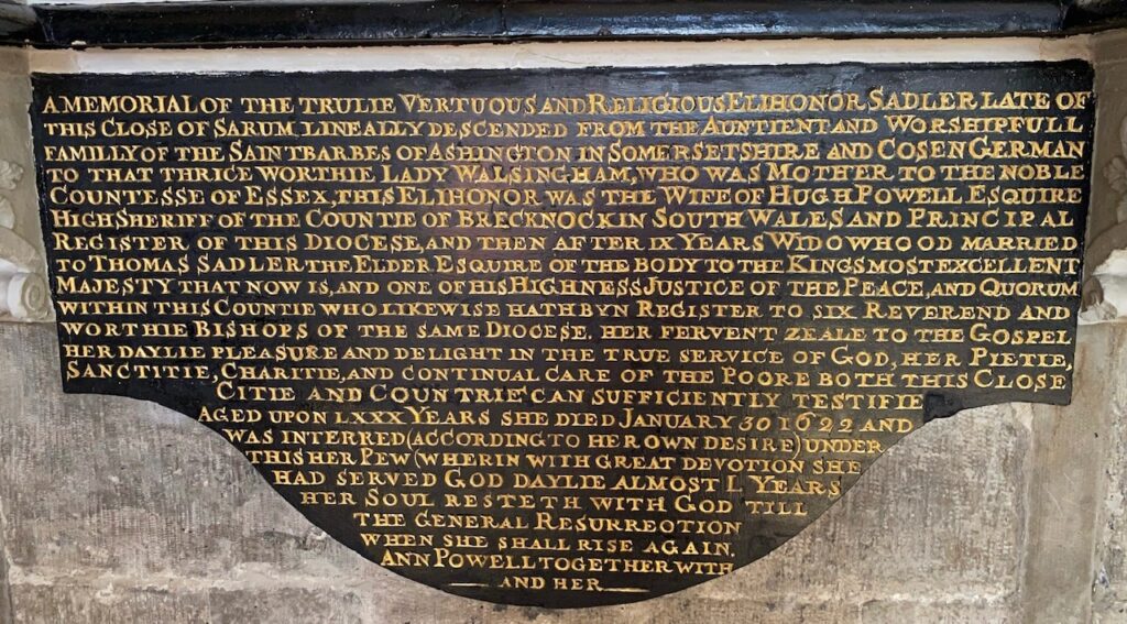 Citation on Elihonour's memorial in Salisbury Cathedral