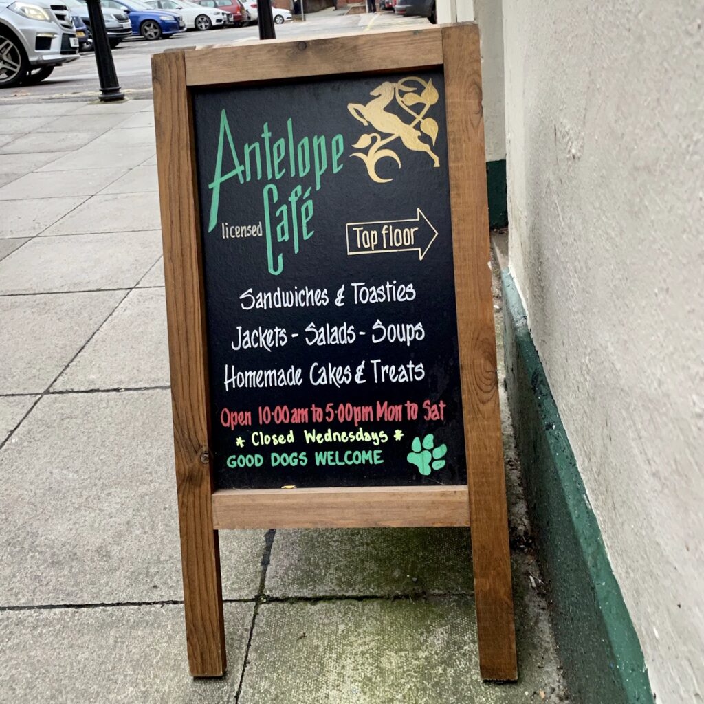 The Antelope remembered at the antiques market. sign advertising the Antelope Cafe